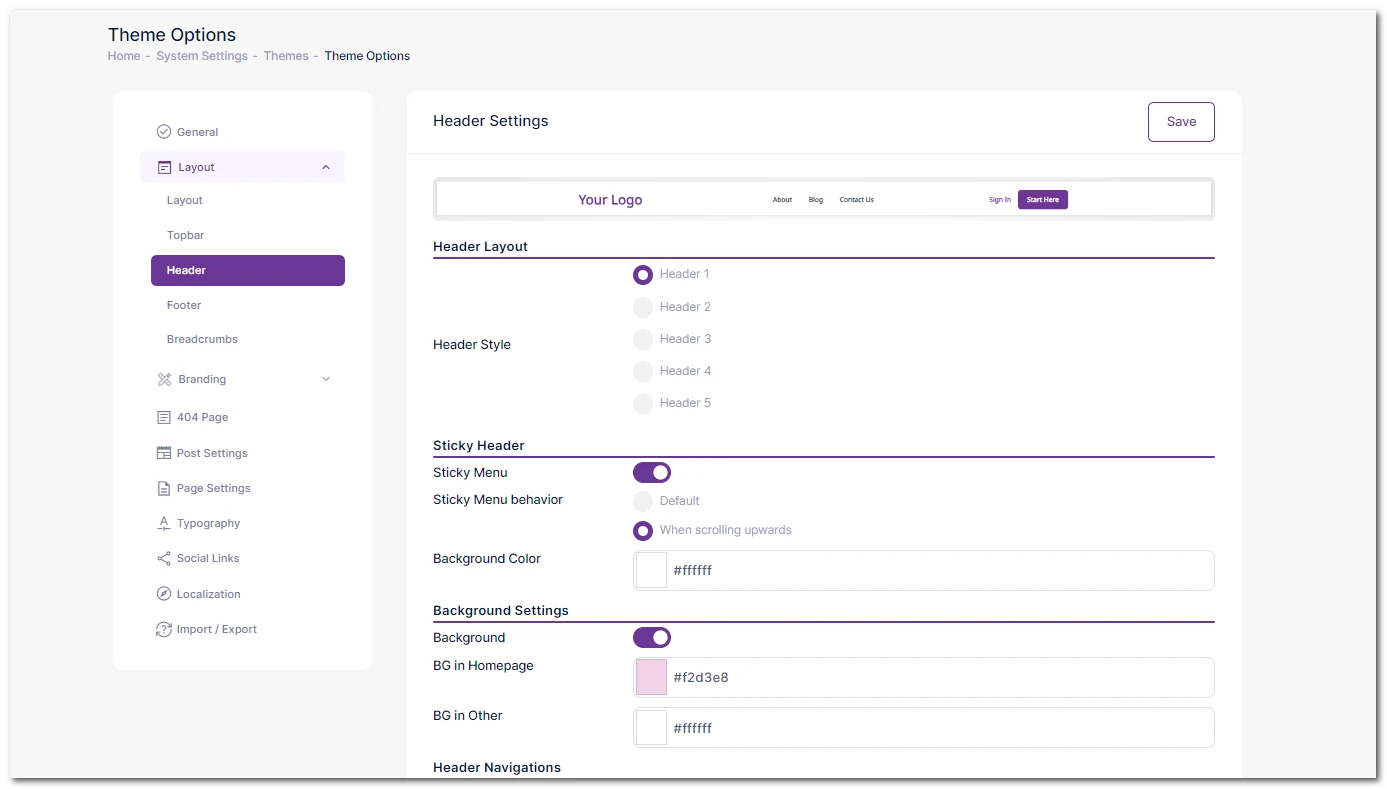 header settings